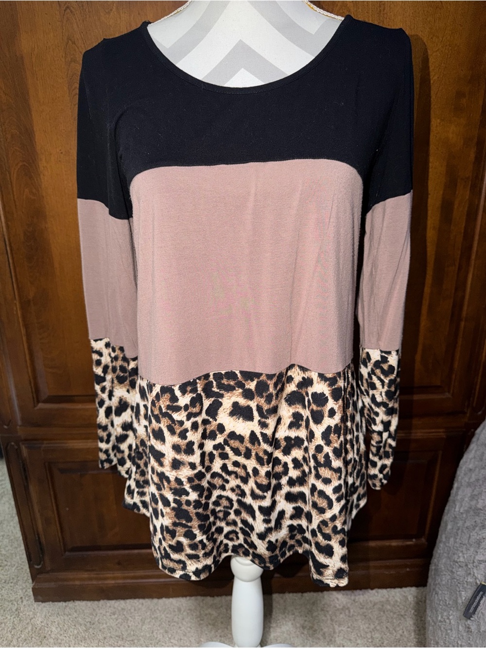 Colorblock Leopard Print Long Sleeve Tunic - Black & Taupe